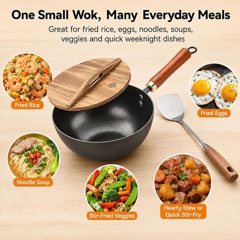 WANGYUANJI 8.7-Inch Carbon Steel Mini Wok, Flat Bottom Small Stir Fry Pan for 1–2 Servings, Uncoated Textured Wok for Gas, Electric, Ceramic & Induction Stoves, with Lid & Spatula in Kuwait