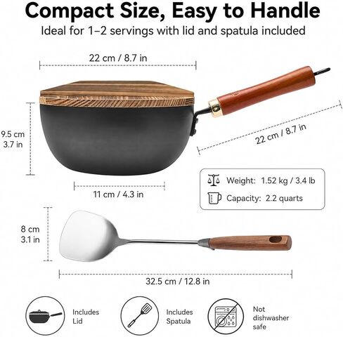 WANGYUANJI 8.7-Inch Carbon Steel Mini Wok, Flat Bottom Small Stir Fry Pan for 1–2 Servings, Uncoated Textured Wok for Gas, Electric, Ceramic & Induction Stoves, with Lid & Spatula in Kuwait