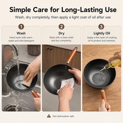 WANGYUANJI 8.7-Inch Carbon Steel Mini Wok, Flat Bottom Small Stir Fry Pan for 1–2 Servings, Uncoated Textured Wok for Gas, Electric, Ceramic & Induction Stoves, with Lid & Spatula in Kuwait