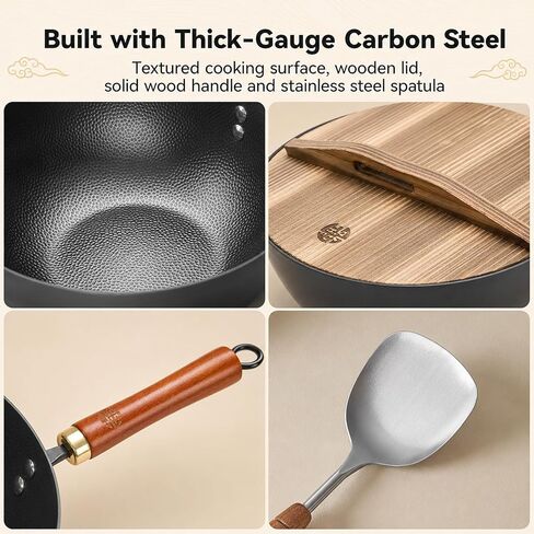 WANGYUANJI 8.7-Inch Carbon Steel Mini Wok, Flat Bottom Small Stir Fry Pan for 1–2 Servings, Uncoated Textured Wok for Gas, Electric, Ceramic & Induction Stoves, with Lid & Spatula in Kuwait
