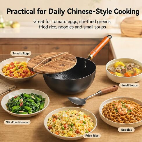 WANGYUANJI 8.7-Inch Carbon Steel Mini Wok, Flat Bottom Small Stir Fry Pan for 1–2 Servings, Uncoated Textured Wok for Gas, Electric, Ceramic & Induction Stoves, with Lid & Spatula in Kuwait