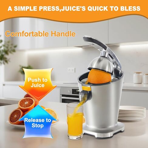 NEWBULIG Electric Citrus Juicer, Automatic Orange Juicer Squeezer with Soft-Grip Handle, Orange Juice Extractor Machines for Lemon Lime Grapefruit, Auto Shut-Off & Dishwasher Safe Parts, Silver in Kuwait