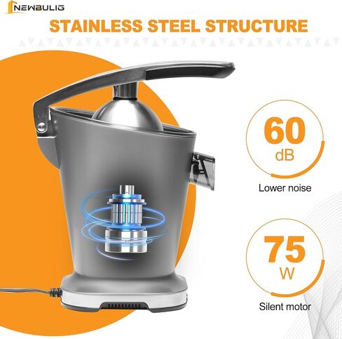 NEWBULIG Electric Citrus Juicer, Automatic Orange Juicer Squeezer with Soft-Grip Handle, Orange Juice Extractor Machines for Lemon Lime Grapefruit, Auto Shut-Off & Dishwasher Safe Parts, Silver in Kuwait