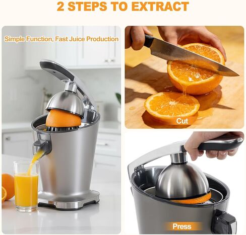 NEWBULIG Electric Citrus Juicer, Automatic Orange Juicer Squeezer with Soft-Grip Handle, Orange Juice Extractor Machines for Lemon Lime Grapefruit, Auto Shut-Off & Dishwasher Safe Parts, Silver in Kuwait