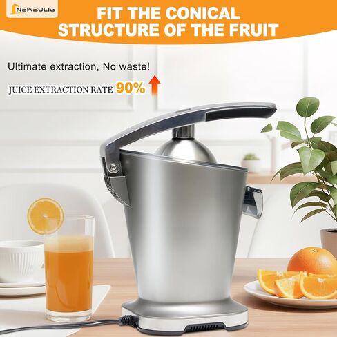NEWBULIG Electric Citrus Juicer, Automatic Orange Juicer Squeezer with Soft-Grip Handle, Orange Juice Extractor Machines for Lemon Lime Grapefruit, Auto Shut-Off & Dishwasher Safe Parts, Silver in Kuwait