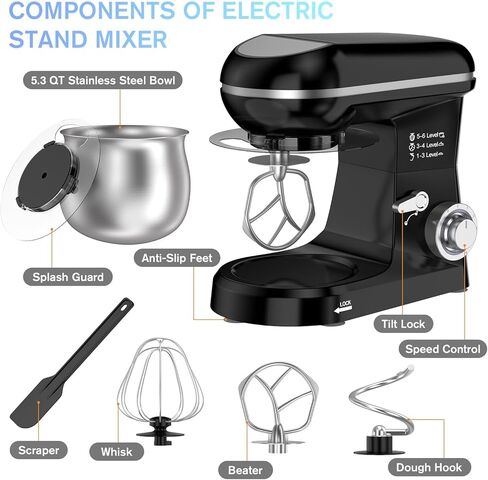 Electric Stand Mixer with 5.3 Quart, Cake Mixer with Stainless Steel Bowl and Stand, Kitchen Mixer Tilt-Head Design Includes Dough Hook, Whisk & Beater - Great for Baking Bread, Cakes, Cookies in Kuwait