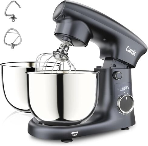خلاط حامل كاميك، 4.2QT+5.3QT، خلاط طعام كهربائي بوعاءين، 10 سرعات مع إعداد رقمي، خلاط مطبخ 3 في 1 لخبز الكعك، سلطة خبز البسكويت مع مخفق البيض، خطاف العجين، مضرب مسطح (أسود) in Kuwait