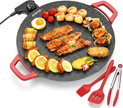 AORAN Indoor Grill Electric Smokeless Set – Nonstick Electric Griddle for Indoor Use, Compact & Versatile Cooking for Steaks, Pancakes & BBQ, Includes Silicone Spatula, Oil Brush & Food Tongs in Kuwait