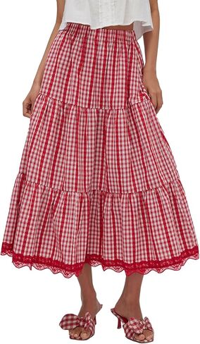 تنورات القماش القطني الطويلة CODER Women Women Long Plaid Maxi Skirt Flowy A Line Summer Chains in Saudi Arabia