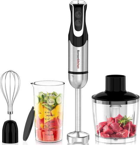 Bonsenkitchen 4-in-1 Immersion Blender Handheld with Food Processor, 12 Speeds Hand Blender with Turbo Mode, Stainless Steel Blade, Egg Whisk, Beaker & Chopper Bowl, Stick Mixer for Smoothie, Puree in Kuwait