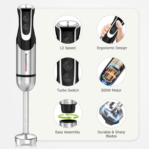 Bonsenkitchen 4-in-1 Immersion Blender Handheld with Food Processor, 12 Speeds Hand Blender with Turbo Mode, Stainless Steel Blade, Egg Whisk, Beaker & Chopper Bowl, Stick Mixer for Smoothie, Puree in Kuwait