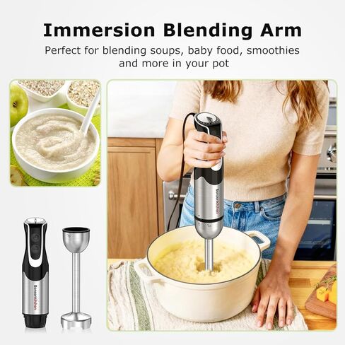 Bonsenkitchen 4-in-1 Immersion Blender Handheld with Food Processor, 12 Speeds Hand Blender with Turbo Mode, Stainless Steel Blade, Egg Whisk, Beaker & Chopper Bowl, Stick Mixer for Smoothie, Puree in Kuwait
