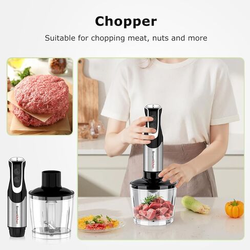 Bonsenkitchen 4-in-1 Immersion Blender Handheld with Food Processor, 12 Speeds Hand Blender with Turbo Mode, Stainless Steel Blade, Egg Whisk, Beaker & Chopper Bowl, Stick Mixer for Smoothie, Puree in Kuwait