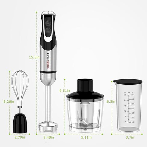 Bonsenkitchen 4-in-1 Immersion Blender Handheld with Food Processor, 12 Speeds Hand Blender with Turbo Mode, Stainless Steel Blade, Egg Whisk, Beaker & Chopper Bowl, Stick Mixer for Smoothie, Puree in Kuwait