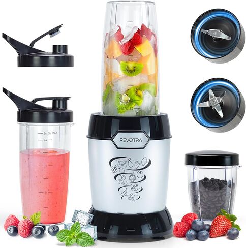 REVOTRA Blender for Smoothies, Personal Blender for Shake and Smoothies for Kitchen with 3 Portable Cups (2x24oz & 1X10oz), 4-Leaf Stainless Steel Blades, Perfect for Frozen Drinks, Ice Crushing in Kuwait