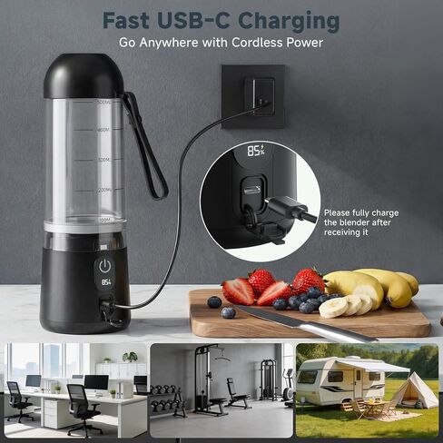 Portable Blender, 8 Blades Personal Size Smoothie Blender for Shakes, USB C Rechargeable Juicer Cup with LED Display, Travel Friendly Mini Mixer for Home, Office, Gym, 17oz, Black in Kuwait