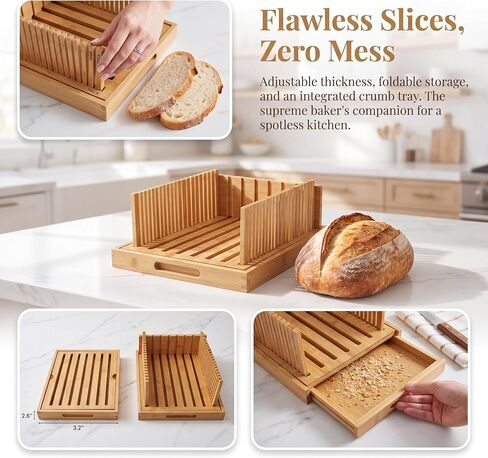 Bamboo Bread Slicer for Homemade Bread - Adjustable Guide with Crumb Tray for Sourdough, Sandwich Loaves & Baking, Foldable Mess-Free Tool for Home Bakers in Kuwait
