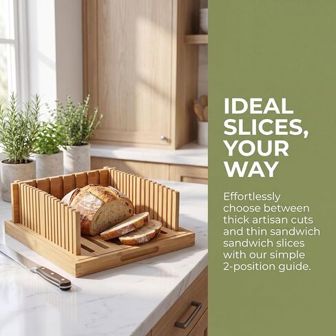 Bamboo Bread Slicer for Homemade Bread - Adjustable Guide with Crumb Tray for Sourdough, Sandwich Loaves & Baking, Foldable Mess-Free Tool for Home Bakers in Kuwait