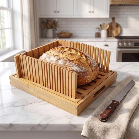 Bamboo Bread Slicer for Homemade Bread - Adjustable Guide with Crumb Tray for Sourdough, Sandwich Loaves & Baking, Foldable Mess-Free Tool for Home Bakers in Kuwait
