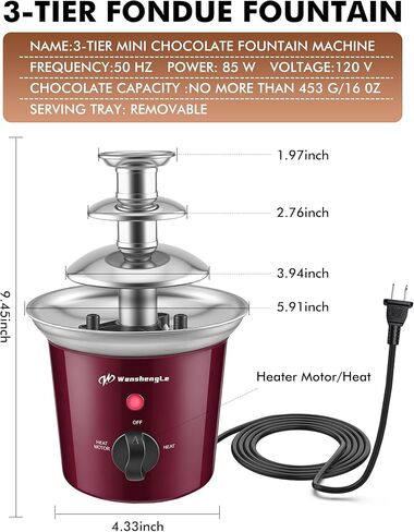 WanshengLe 3-Tier Mini Gear Chocolate Fountain, 16oz Small Stainless Steel Chocolate Fondue Fountain, Detachable Chocolate Fondue Machine for Party Night, Dip Strawberries - Burgundy in Kuwait