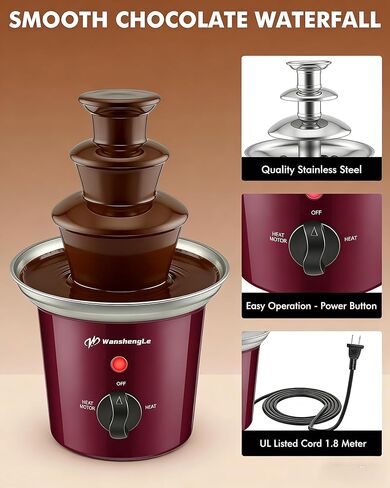 WanshengLe 3-Tier Mini Gear Chocolate Fountain, 16oz Small Stainless Steel Chocolate Fondue Fountain, Detachable Chocolate Fondue Machine for Party Night, Dip Strawberries - Burgundy in Kuwait