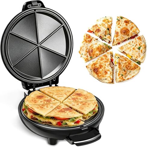 Quesadilla Maker 10 Inch, 900W Dual Heating, 6 Wedges in 3 Mins, Nonstick Plates Easy to Clean, Locking Latch, Safe & Steady, Black in Kuwait