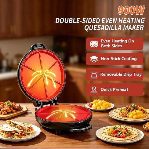 Quesadilla Maker 10 Inch, 900W Dual Heating, 6 Wedges in 3 Mins, Nonstick Plates Easy to Clean, Locking Latch, Safe & Steady, Black in Kuwait