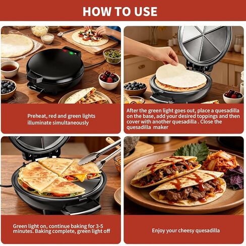 Quesadilla Maker 10 Inch, 900W Dual Heating, 6 Wedges in 3 Mins, Nonstick Plates Easy to Clean, Locking Latch, Safe & Steady, Black in Kuwait
