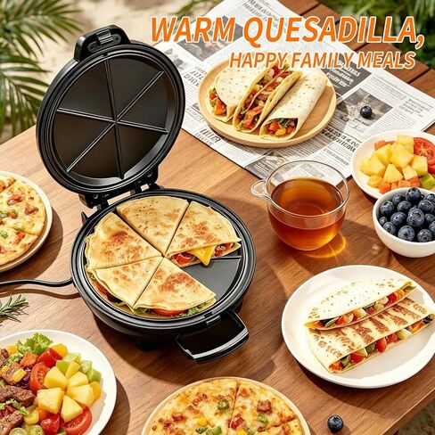 Quesadilla Maker 10 Inch, 900W Dual Heating, 6 Wedges in 3 Mins, Nonstick Plates Easy to Clean, Locking Latch, Safe & Steady, Black in Kuwait