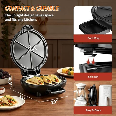 Quesadilla Maker 10 Inch, 900W Dual Heating, 6 Wedges in 3 Mins, Nonstick Plates Easy to Clean, Locking Latch, Safe & Steady, Black in Kuwait