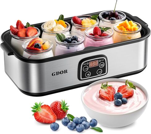 GDOR Yogurt Maker Machine with Temperature Control, 48H Timer Digital Greek Yogurt Machine with 8×6oz BPA-Free Glass Jars, Stainless Steel in Kuwait