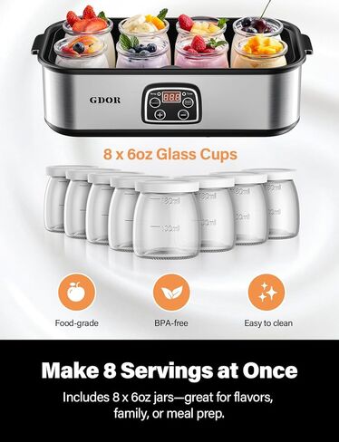 GDOR Yogurt Maker Machine with Temperature Control, 48H Timer Digital Greek Yogurt Machine with 8×6oz BPA-Free Glass Jars, Stainless Steel in Kuwait