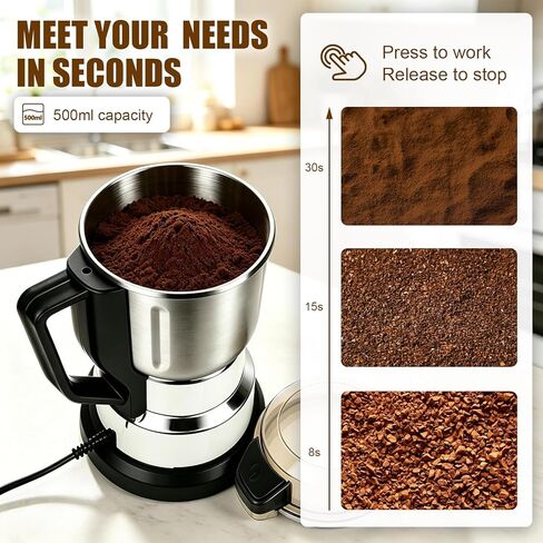 Electric Grain Mill Grinder - 304 Stainless Steel Grain Grinder Flour Mill Grinder for Home Fit for Grinding Wheat, Corn, Oats, Millet, Coffee Beans (Silver, 500g) in Kuwait