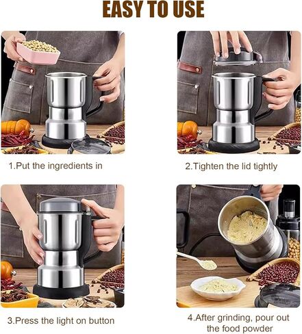 Electric Grain Mill Grinder - 304 Stainless Steel Grain Grinder Flour Mill Grinder for Home Fit for Grinding Wheat, Corn, Oats, Millet, Coffee Beans (Silver, 500g) in Kuwait
