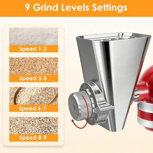 2026 Grain Mill Attachment for KitchenAid Stand Mixer, All Metal 9 Levels Flour Mill for KitchenAid, Fit for Grinding Wheat, Corn, Oats, Millet, Coffee Beans in Kuwait