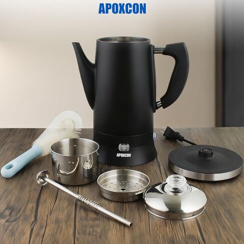 ماكينة صنع القهوة الكهربائية من الفولاذ المقاوم للصدأ من APOXCON مع تقدم المشروب الشفاف، مقبض زجاجي قوي، مفتاح تشغيل/إيقاف، يحافظ على الدفء، خدمة لاسلكية، وعاء قهوة كلاسيكي، بدون ألومنيوم أسود (12 كوب) in Kuwait