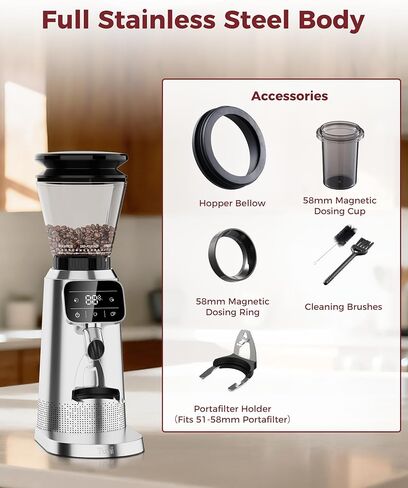 Tuni G2 Silver Conical Burr Coffee Grinder with White Digital Coffee Scale, 70 Grind Settings Anti-static Burr Mill for Espresso/Drip/Cold Brew/French Press in Saudi Arabia