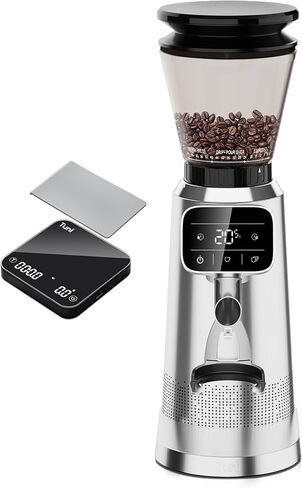 Tuni G2 Silver Conical Burr Coffee Grinder with White Digital Coffee Scale, 70 Grind Settings Anti-static Burr Mill for Espresso/Drip/Cold Brew/French Press in Kuwait