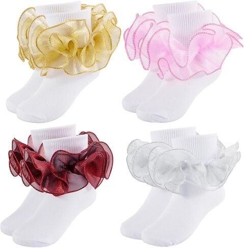 Girls Ruffle Socks Toddler Girl Frilly Lace Dress With Gold Silver Ruffles Fold Over Cuff Sock 4 Pairs in Saudi Arabia