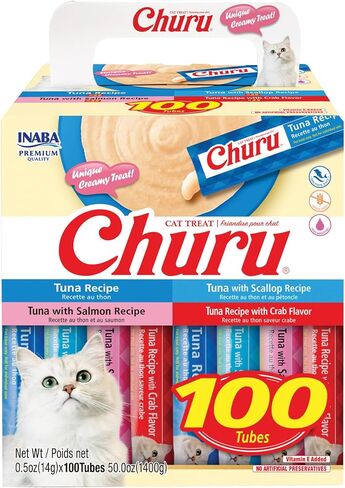 INABA Churu Cat Treats, Lickable, Squeezable Creamy Purée with Vitamin E, 0.5 Ounces per Tube, 100 Tubes Total, Tuna Variety in Kuwait