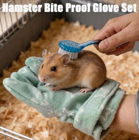 4 PCS Hamster Bite Proof Glove Set, Includes Anti-Bite Glove, Soft Bathing Brush, Metal Fine-Tooth Comb & Nail File, Safe Grooming Kit for Hamsters, Guinea Pigs, Gerbils, Ferrets, Hedgehogs in Kuwait