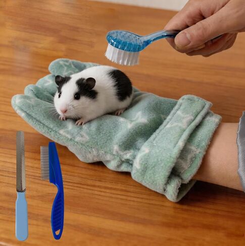 4 PCS Hamster Bite Proof Glove Set, Includes Anti-Bite Glove, Soft Bathing Brush, Metal Fine-Tooth Comb & Nail File, Safe Grooming Kit for Hamsters, Guinea Pigs, Gerbils, Ferrets, Hedgehogs in Kuwait