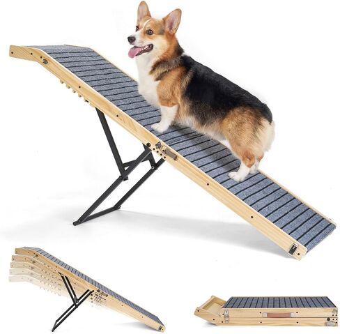 Veehoo Folding Dog Ramp for Bed Couch, 65" Long Stairs for Dogs to Get on High Bed with Platform and 5 Adjustable Height 20" to 31“, Wooden Senior Dog Ramp Steps for Small to Large Dogs, up to 220lbs in Kuwait