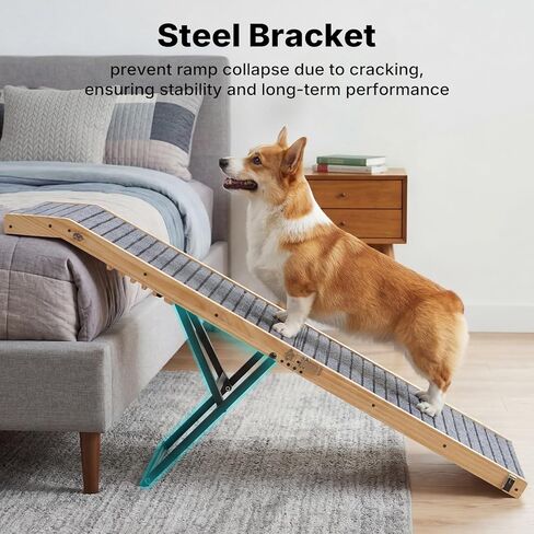 Veehoo Folding Dog Ramp for Bed Couch, 65" Long Stairs for Dogs to Get on High Bed with Platform and 5 Adjustable Height 20" to 31“, Wooden Senior Dog Ramp Steps for Small to Large Dogs, up to 220lbs in Kuwait