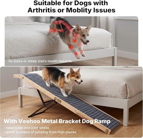 Veehoo Folding Dog Ramp for Bed Couch, 65" Long Stairs for Dogs to Get on High Bed with Platform and 5 Adjustable Height 20" to 31“, Wooden Senior Dog Ramp Steps for Small to Large Dogs, up to 220lbs in Kuwait