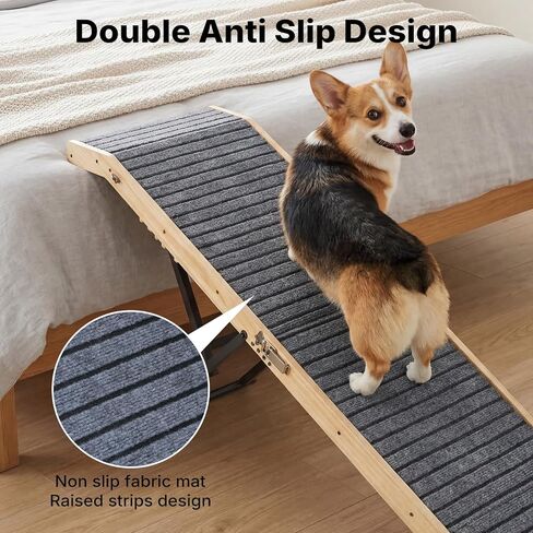 Veehoo Folding Dog Ramp for Bed Couch, 65" Long Stairs for Dogs to Get on High Bed with Platform and 5 Adjustable Height 20" to 31“, Wooden Senior Dog Ramp Steps for Small to Large Dogs, up to 220lbs in Kuwait