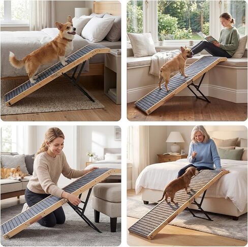 Veehoo Folding Dog Ramp for Bed Couch, 65" Long Stairs for Dogs to Get on High Bed with Platform and 5 Adjustable Height 20" to 31“, Wooden Senior Dog Ramp Steps for Small to Large Dogs, up to 220lbs in Kuwait