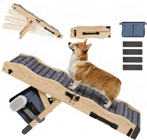 2026 Upgraded Dog Ramp for Couch & Low Bed, 33" L Folding Wood Pet Ramp 200LB Capacity, 4-Level Adjustable Height 11"-20", Non-Slip Sturdy Puppy Ramp for Small & Senior Dogs, Joint Relief, Wavy Design in Kuwait