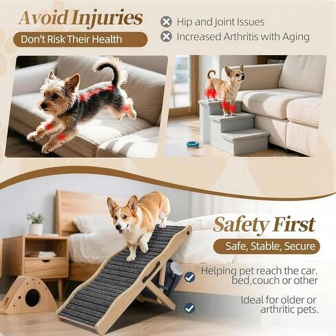 2026 Upgraded Dog Ramp for Couch & Low Bed, 33" L Folding Wood Pet Ramp 200LB Capacity, 4-Level Adjustable Height 11"-20", Non-Slip Sturdy Puppy Ramp for Small & Senior Dogs, Joint Relief, Wavy Design in Kuwait