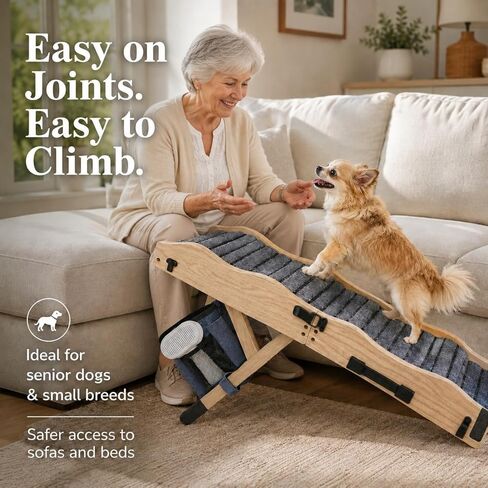 2026 Upgraded Dog Ramp for Couch & Low Bed, 33" L Folding Wood Pet Ramp 200LB Capacity, 4-Level Adjustable Height 11"-20", Non-Slip Sturdy Puppy Ramp for Small & Senior Dogs, Joint Relief, Wavy Design in Kuwait